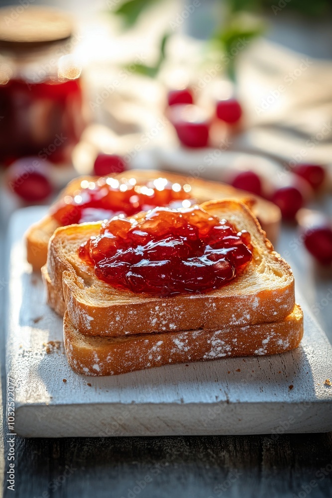 Deliciously toasted bread topped with sweet jam and garnished with mint on a rustic table Deliciously toasted bread topped with sweet jam and garnished with mint on a rustic table