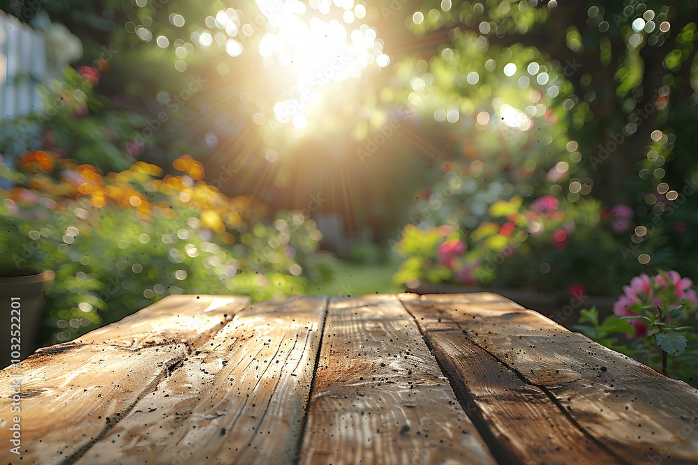 A wooden table sitting in the middle of a garden A wooden table sitting in the middle of a garden