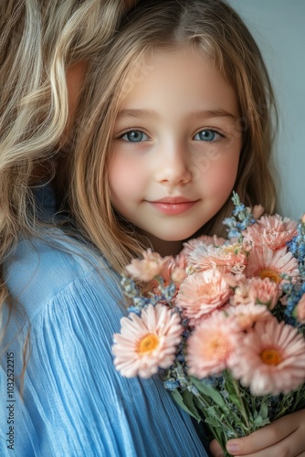 A young girl smiling while holding a bouquet of pink flowers in a cozy indoor...