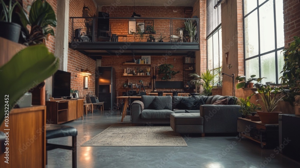 Interior shot of a stylish loft with exposed brick and open space, showcasing modern living Interior shot of a stylish loft with exposed brick and open space, showcasing modern living