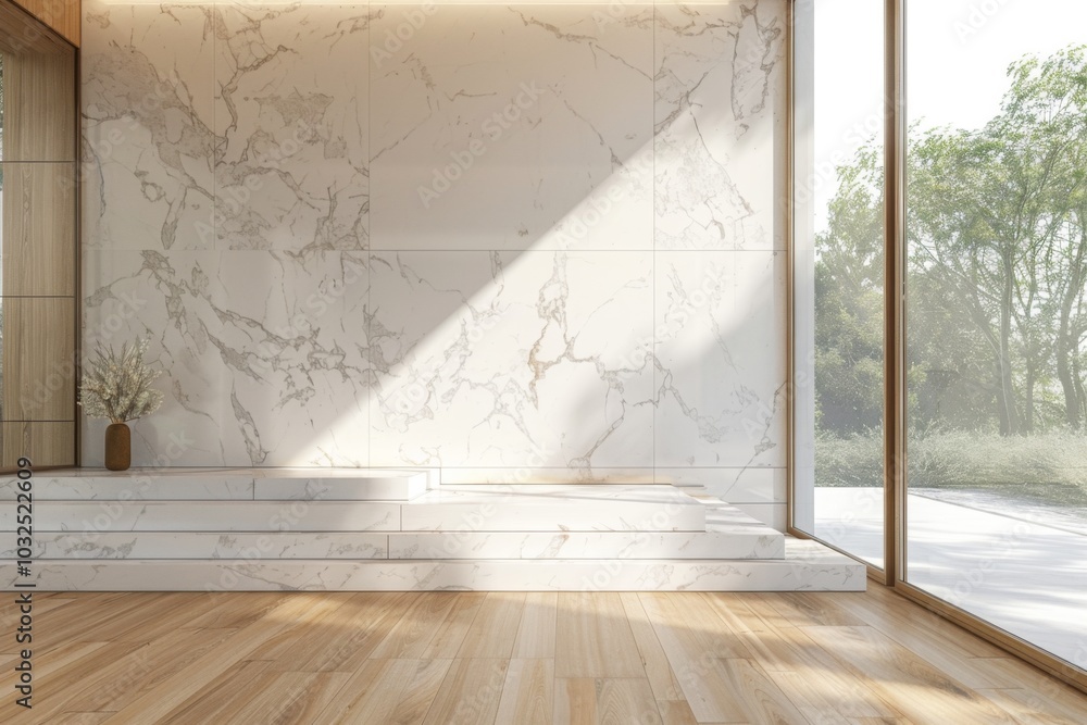 Wooden bench near marble stone wall and wood paneling in cozy hallway. Minimalist home interior design of modern entrance hall with big window. Wooden bench near marble stone wall and wood paneling in cozy hallway. Minimalist home interior design of modern entrance hall with big window.