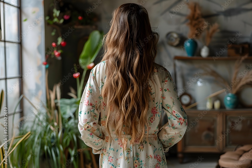 Serene Back View of a Woman in a Floral Dress Surrounded by Lush Indoor Plants Serene Back View of a Woman in a Floral Dress Surrounded by Lush Indoor Plants