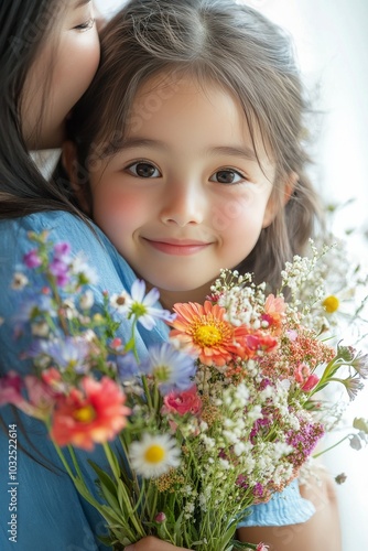 A young girl smiling while holding a bouquet of pink flowers in a cozy indoor...
