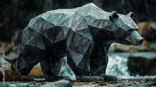 A bear made of geometric shapes in a combination of black and dark tones, symbolizing strength and courage photo