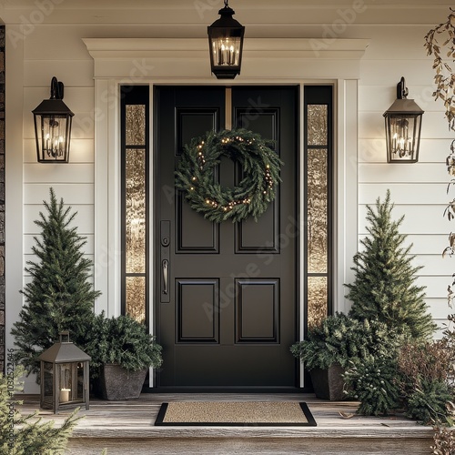 Elegant front porch decorated for the holidays with a black door, wreath, and...