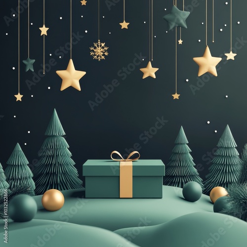 A serene winter scene with a green gift box surrounded by soft trees and hang...