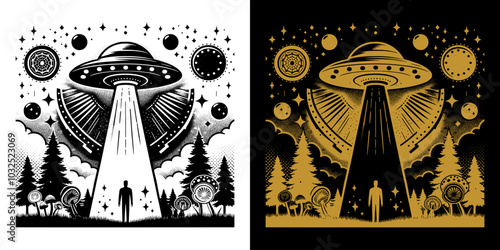 ufo in the sky vintage design