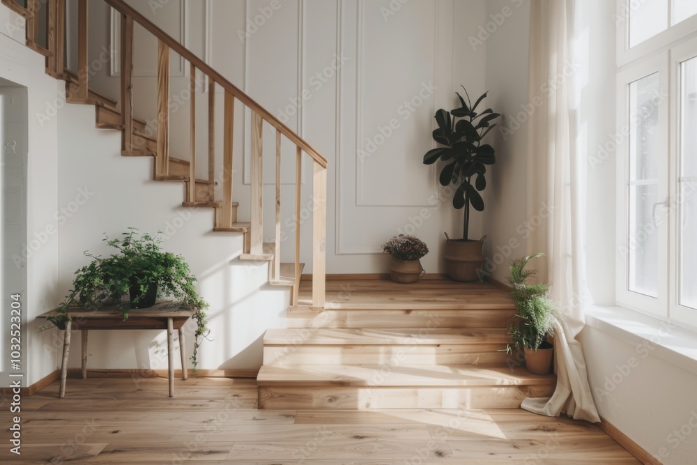 Farmhouse home interior design of modern living room with wooden staircase. Farmhouse home interior design of modern living room with wooden staircase.