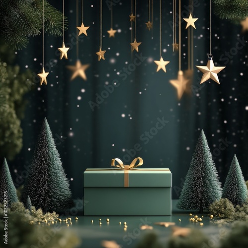A serene winter scene with a green gift box surrounded by soft trees and hang...