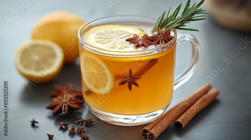 Warm lemon drink with spices garnished with rosemary and star anise on a wood...