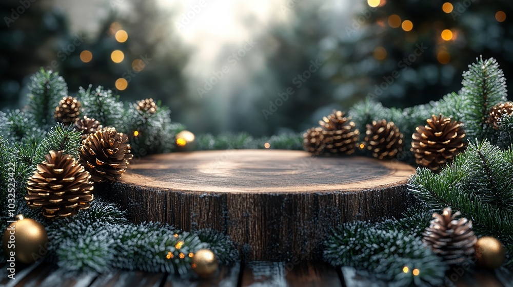 Decorative Wooden Platform Surrounded by Pine Ornaments and Cones During Winter. Generative AI Decorative Wooden Platform Surrounded by Pine Ornaments and Cones During Winter. Generative AI