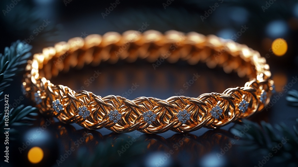 A close-up of a gold bracelet with diamonds, on a dark background with pine needles and bokeh lights. A close-up of a gold bracelet with diamonds, on a dark background with pine needles and bokeh lights.