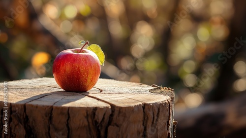 A single vibrant red apple resting on a rustic cut log surrounded by a softly blurred garden bathed in warm sunlight. photo