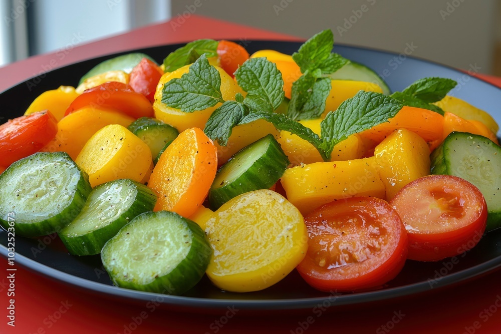 Fresh Cucumber, Tomato, and Yellow Pepper Salad with Mint Garnish Fresh Cucumber, Tomato, and Yellow Pepper Salad with Mint Garnish