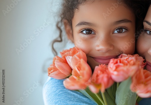 Young girl with curly hair joyfully embraces a bouquet of vibrant orange flow...