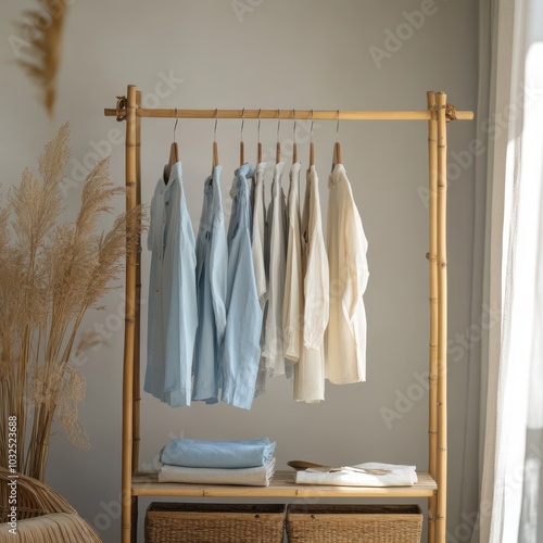 A stylish display of neatly hung shirts on a bamboo rack, enhancing a minimalist and cozy interior vibe. photo