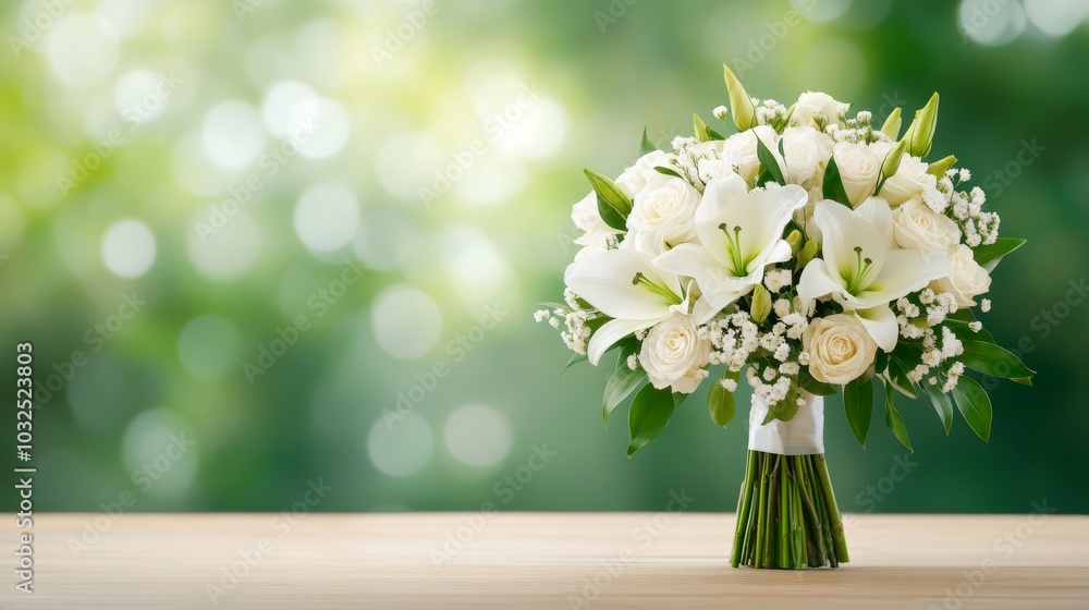 Elegant white floral bouquet on a blurred green background Elegant white floral bouquet on a blurred green background