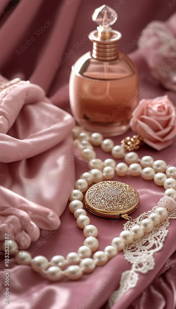An elegant display of feminine accessories including pearls, a mirror, gloves, and a scarf on a pink background. Perfect for fashion and beauty themes.
An elegant display of feminine accessories including pearls, a mirror, gloves, and a scarf on a pink background. Perfect for fashion and beauty themes.