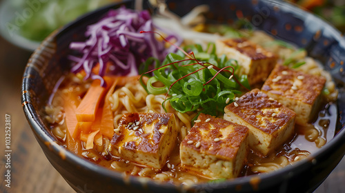 Vegan ramen with tofu and assorted vegetables