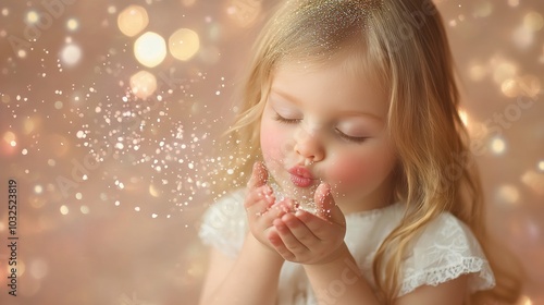 Little girl blowing sparkles with a dreamy expression in a soft, magical setting
