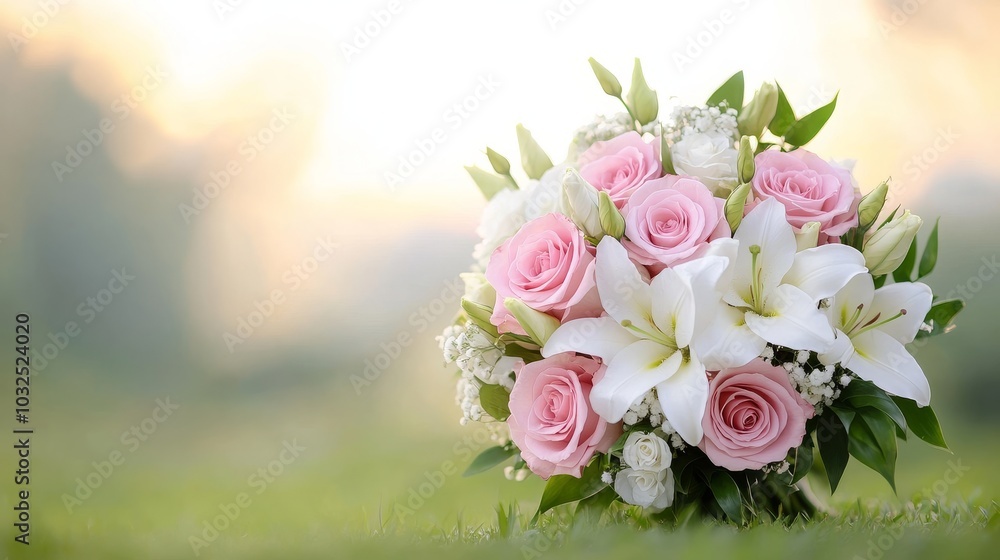 Elegant floral bouquet with pink roses and white lilies Elegant floral bouquet with pink roses and white lilies