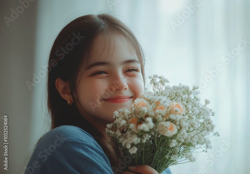 Young girl with curly hair joyfully embraces a bouquet of vibrant orange flow...