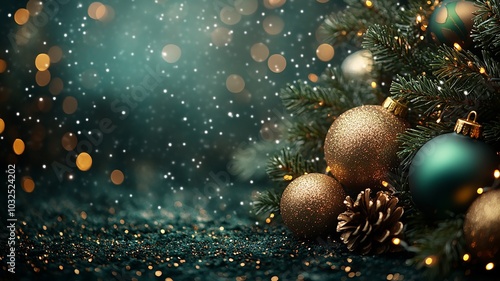 Decorative Christmas Ornaments and Pine Branches With Snowfall in a Cozy Setting. Generative AI