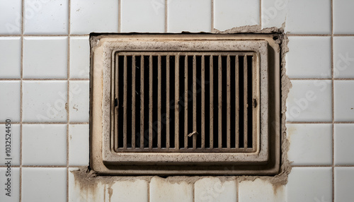 Close-up of a dirty, grimy bathroom vent on a tiled wall, showing decay and neglect. Suitable for horror or abandoned imagery. photo