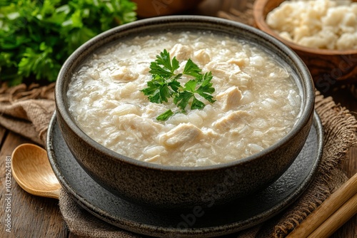 Chicken and Rice Soup in a Bowl with Parsley Garnish