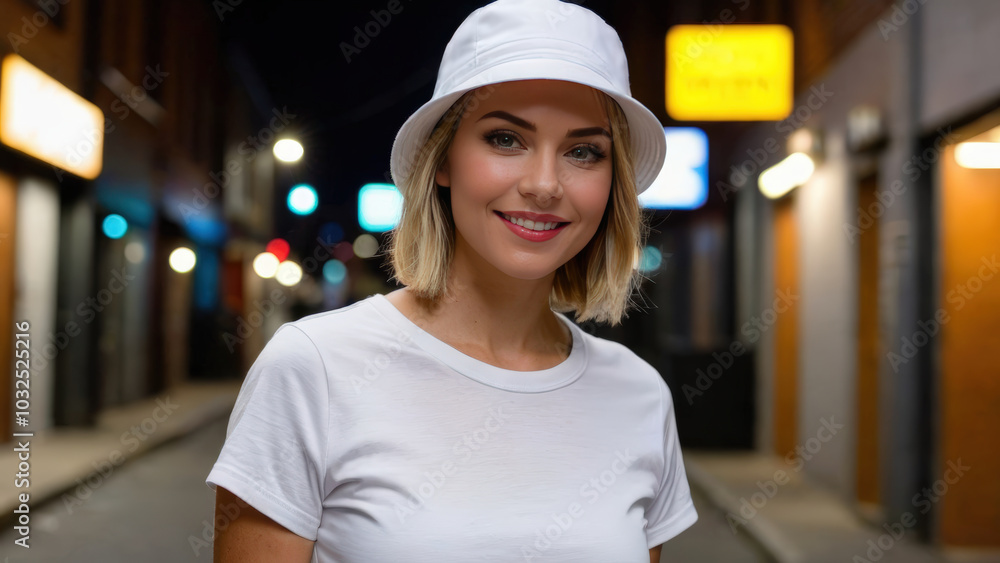 Woman with short hair wearing white t-shirt and white bucket hat standing in a city alley at night Woman with short hair wearing white t-shirt and white bucket hat standing in a city alley at night