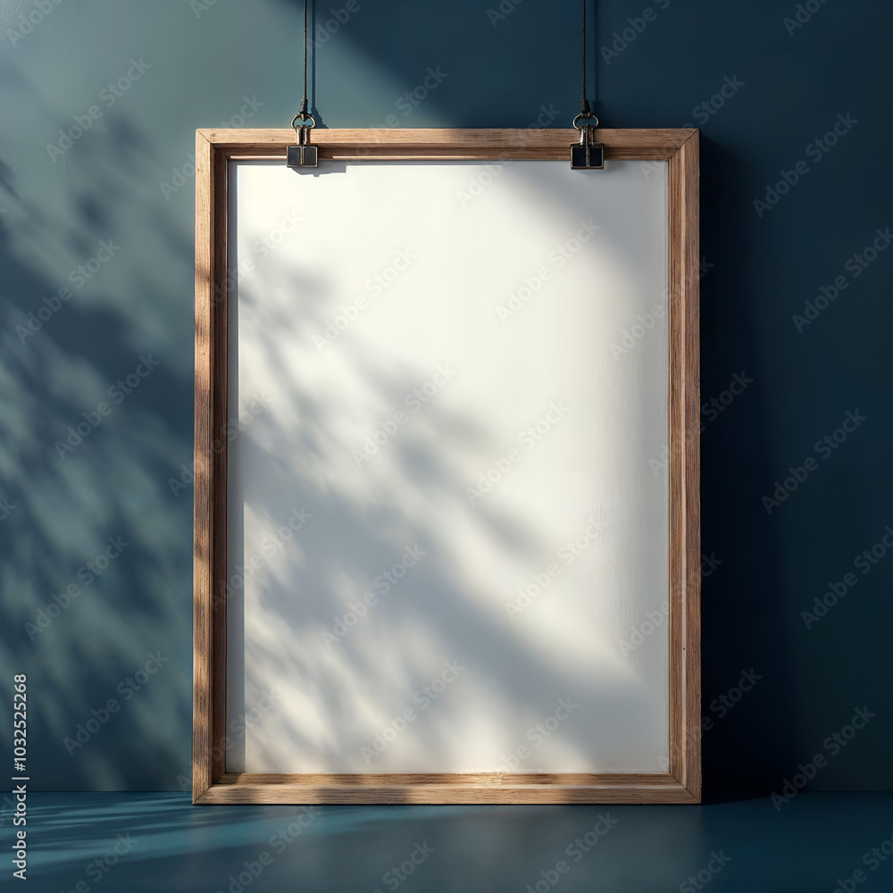 Mockup poster wooden frame close up on a dark blue wall, 3d render Mockup poster wooden frame close up on a dark blue wall, 3d render