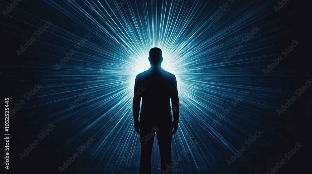 Fototapeta premium A silhouette of a man standing in a bright blue light with a dark background.