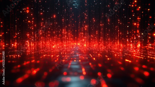 Cyber technology landscape background with bright red data particles. Visual effect, cyber grid, digital matrix environment. Generative AI