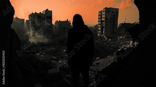Silhouetted man standing in distroyed city. A story of survival in the ruins of a city at dusk. Concept of war zone, conflict, no one behind left. Generative AI