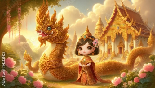 A whimsical cartoon-style depiction of a young Thai princess in a traditional golden and red outfit, adorned with intricate patterns. She stands gracefully beside a majestic, golden-scaled Naga serpen photo