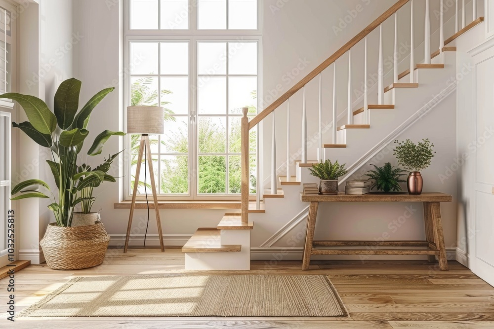 Farmhouse home interior design of modern living room with wooden staircase. Farmhouse home interior design of modern living room with wooden staircase.