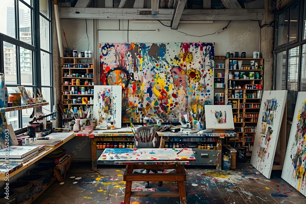 Vibrant Artist Studio Filled with Colorful Paints and Abstract Artworks Vibrant Artist Studio Filled with Colorful Paints and Abstract Artworks