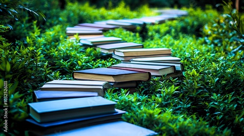 Pathway of Books Through Lush Greenery in Nature photo