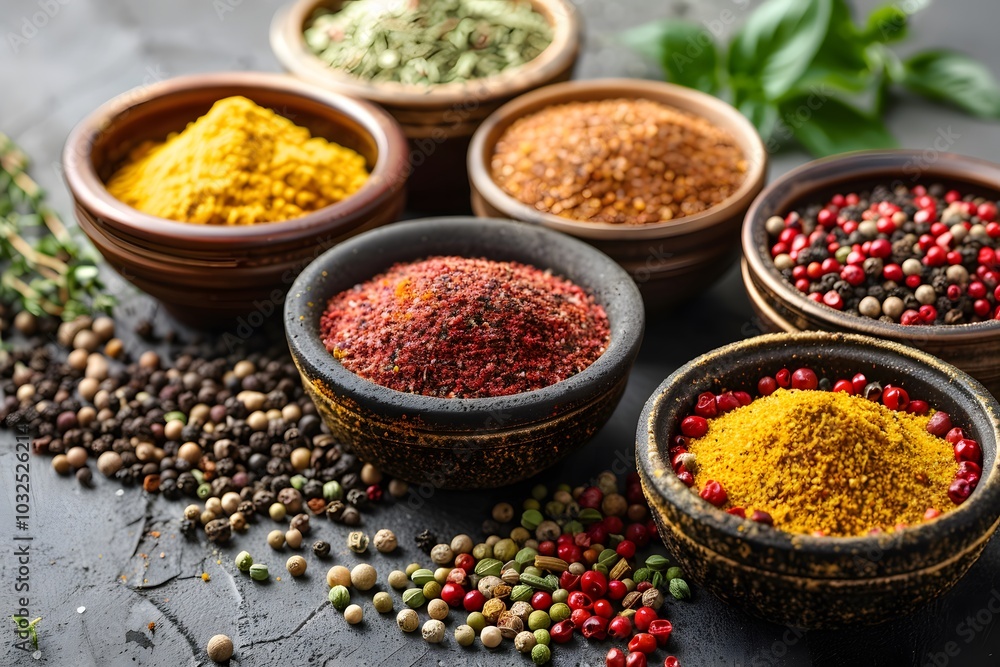 A Colorful Array of Spices in Rustic Bowls A Colorful Array of Spices in Rustic Bowls