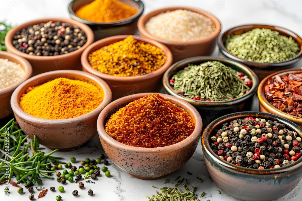 A Colorful Array of Spices in Rustic Bowls A Colorful Array of Spices in Rustic Bowls