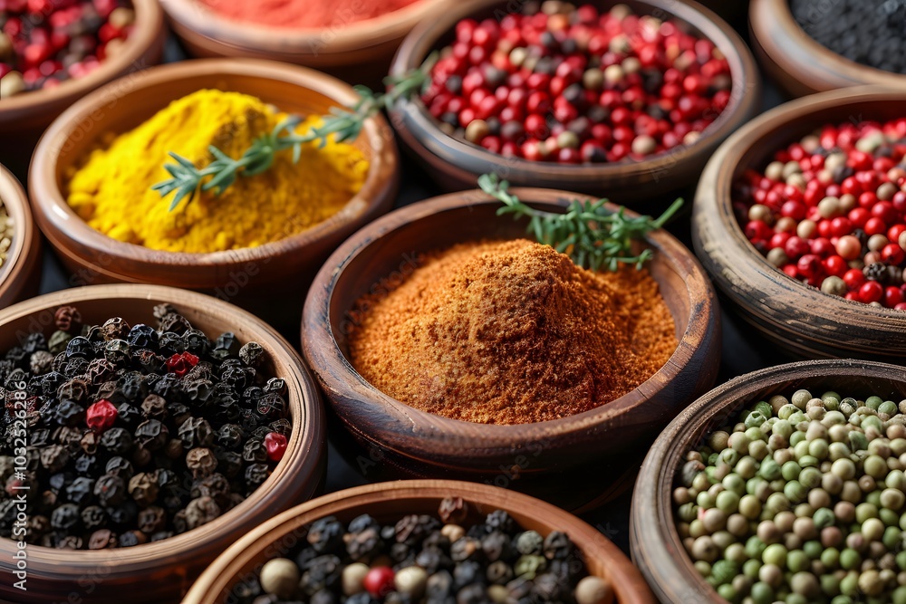 A Colorful Array of Spices in Wooden Bowls A Colorful Array of Spices in Wooden Bowls