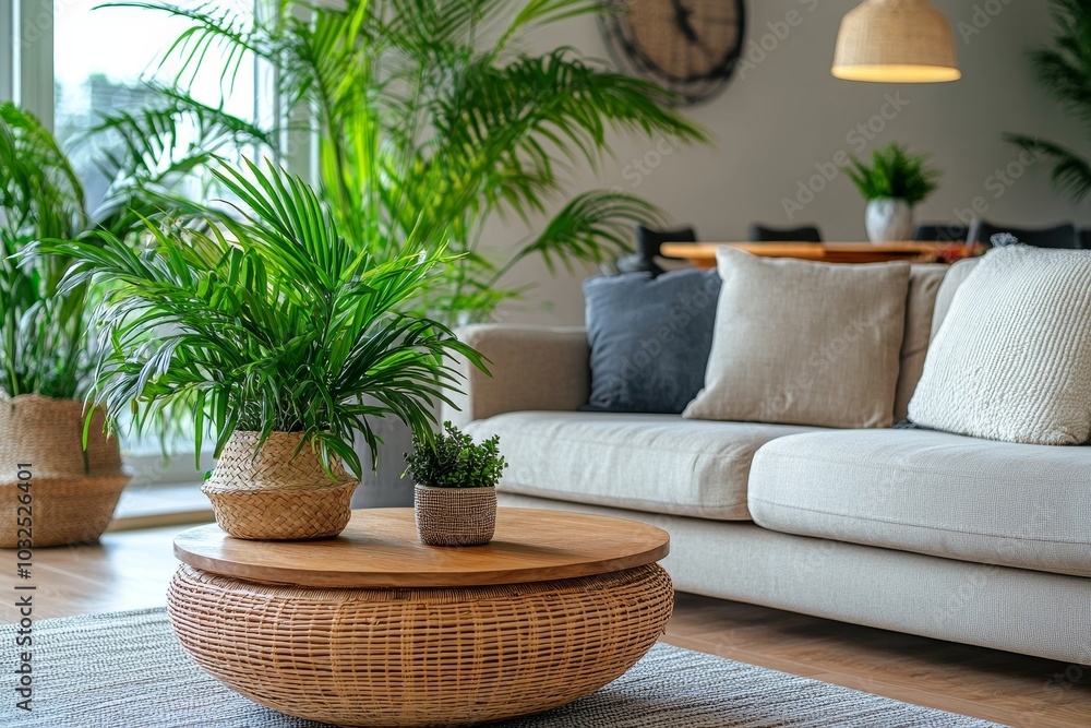 Obraz premium Modern living room interior composition with beige sofa, wooden coffee table and modern home accessories. Template. Copy space. Dining room in the, Generative AI