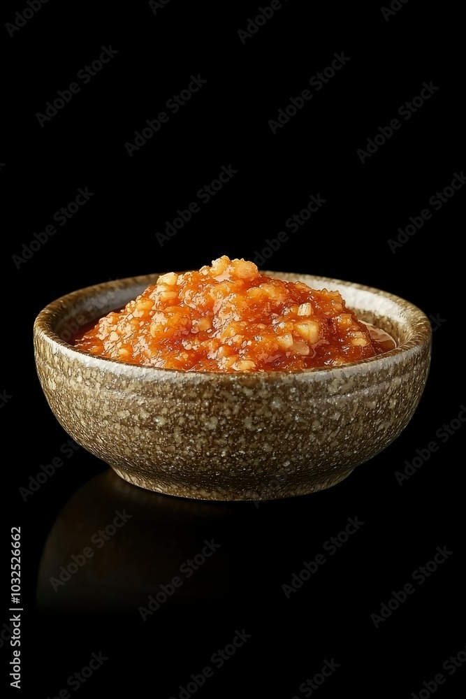 A Small Brown Bowl Filled with Red Sauce and Chopped White Ingredients A Small Brown Bowl Filled with Red Sauce and Chopped White Ingredients