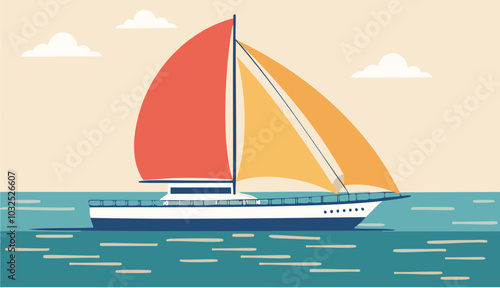 Vintage retro poster sailboat vacation ad, pastel soft shadows