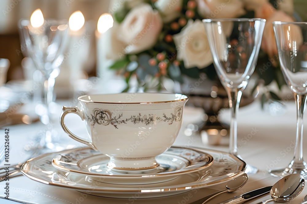 Elegant Table Setting with Fine China and Floral Centerpiece Elegant Table Setting with Fine China and Floral Centerpiece