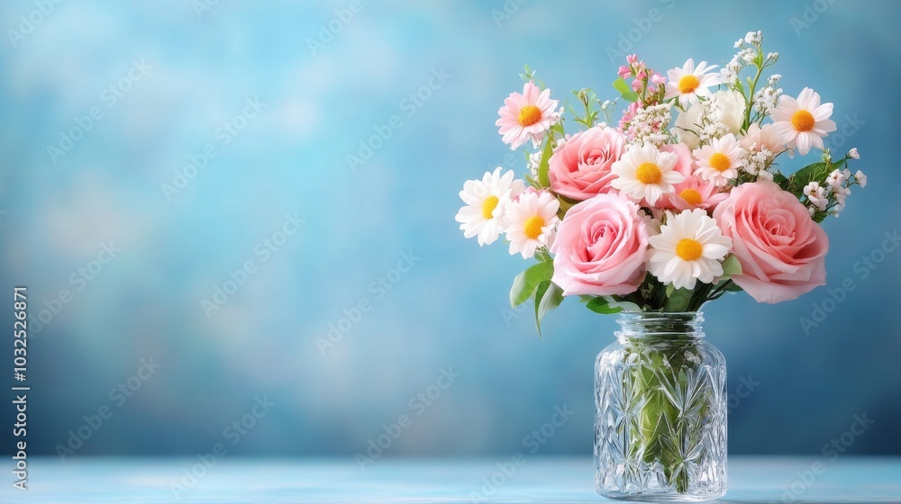 Elegant bouquet of pink roses and daisies in a jar Elegant bouquet of pink roses and daisies in a jar