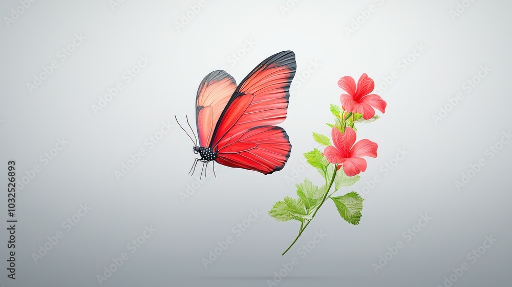 A bright red butterfly in flight, with detailed, high-res wing textures and vibrant shades of red. A bright red butterfly in flight, with detailed, high-res wing textures and vibrant shades of red.