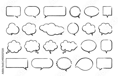 Hand drawn speech bubbles with a black pencil or crayon. Cute dialog frames, ballons, clouds for communication
