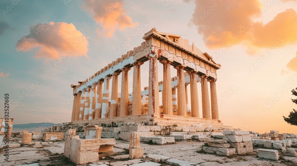 Obraz premium Majestic Parthenon Ancient Greek Temple at Sunset with Cityscape View - Historical Grandeur and Tranquility