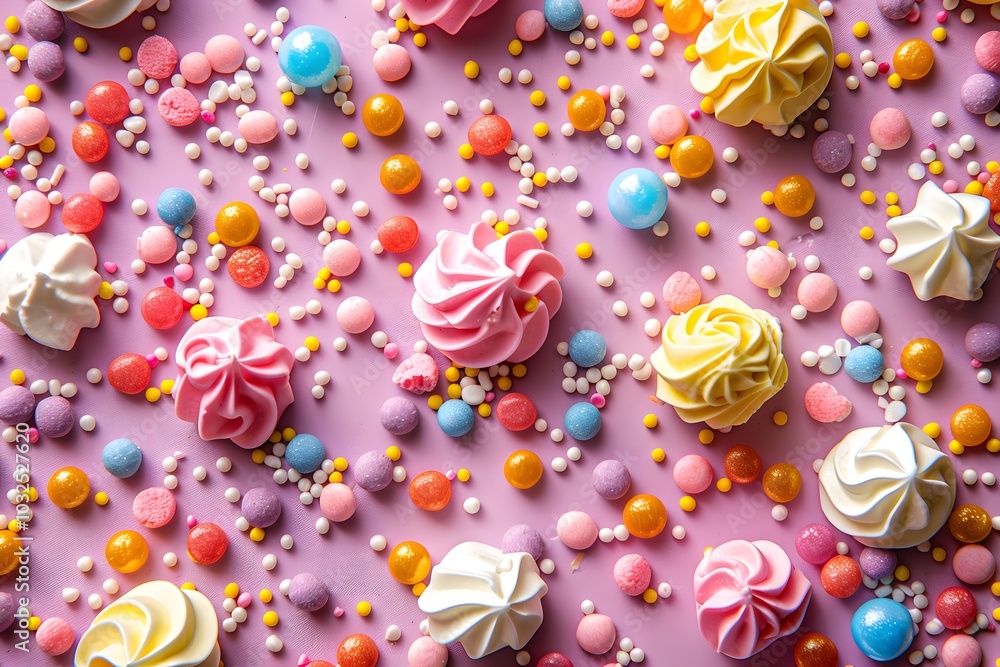 Colorful Confectionery Delight: A Sweet Spread of Meringues and Candy Colorful Confectionery Delight: A Sweet Spread of Meringues and Candy